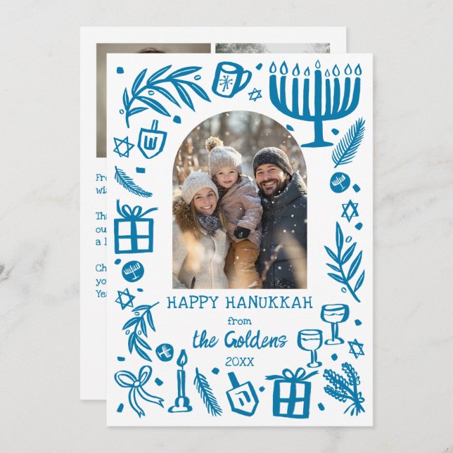 Cartão De Festividades Whimsical Hanukkah Cute Custom Arch 3 PHOTO  (Frente/Verso)