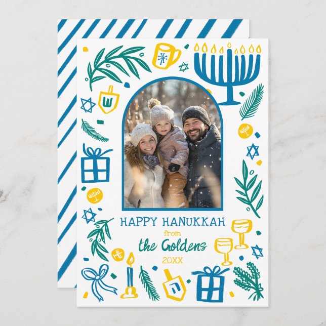 Cartão De Festividades Whimsical Hanukkah Cute Custom Arch PHOTO  (Frente/Verso)