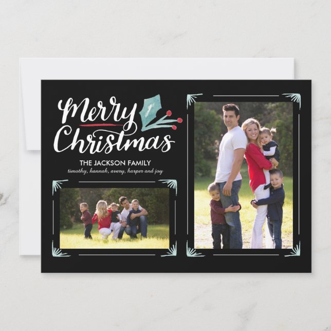 Cartão De Festividades Whimsical Holly 2-Photo Natal (Frente)