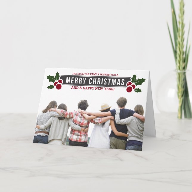 Cartão De Festividades Whimsical Holly Holiday Photo Greeting Card (Frente)