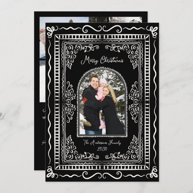 Cartão De Festividades Whimsical Illustrative Christmas Five Photo Holida (Frente/Verso)