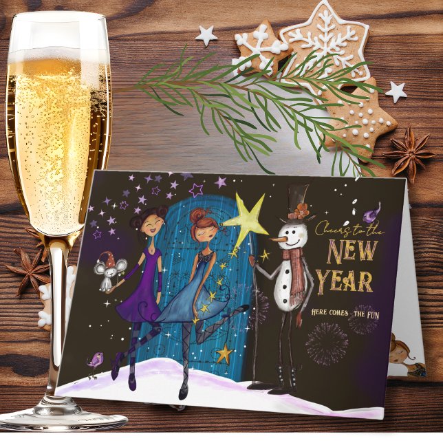 Cartão De Festividades Whimsical Midnight Magic New Year Greeting Card (Whimsical Midnight Magic New Year Greeting Card)