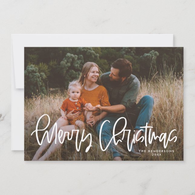 Cartão De Festividades Whimsical Modern Script Feliz Foto de Natal (Frente)