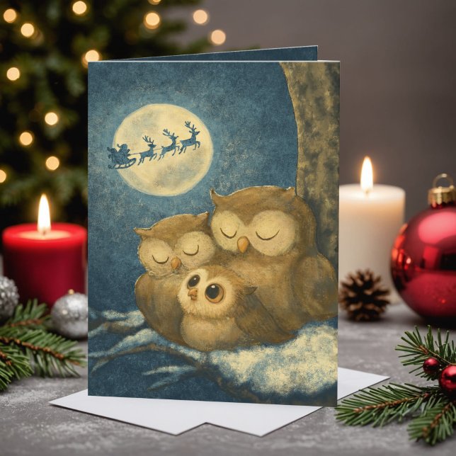 Cartão De Festividades Whimsical Owl Family Christmas Cozy Winter Night (Whimsical Christmas card featuring a cozy owl family and Santa's sleigh under a glowing moon.)