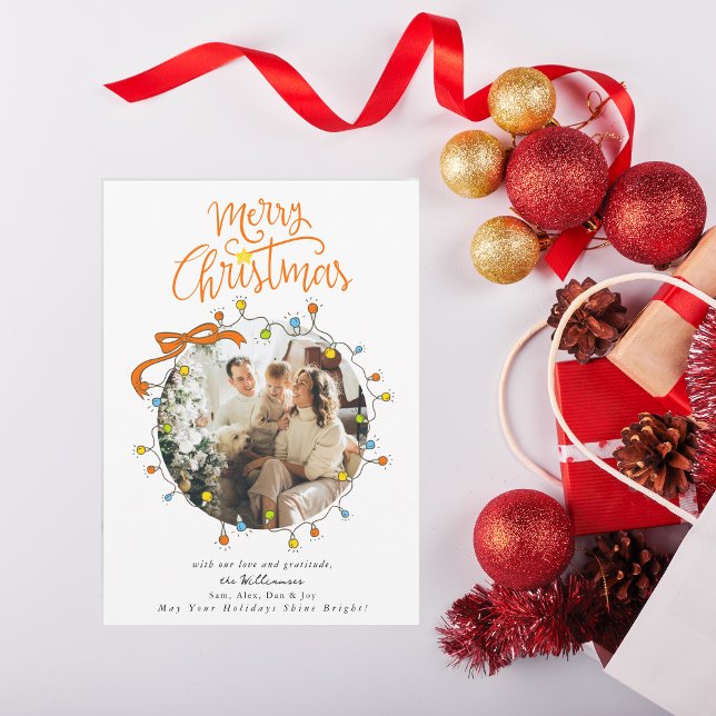 Cartão De Festividades Whimsical Photo Pastel Christmas Lights  (Whimsical Photo Pastel Merry Christmas Lights Coquette Red Bow Holiday Card)