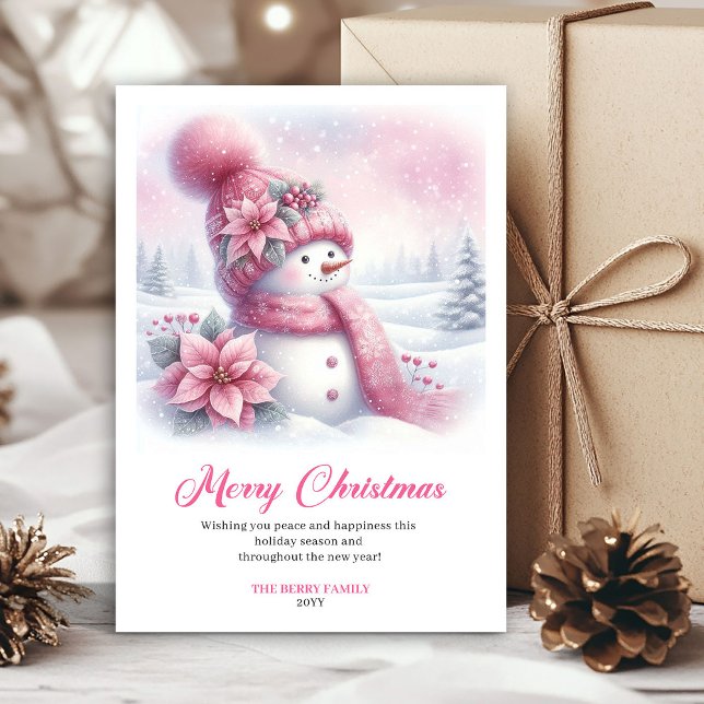 Cartão De Festividades Whimsical pink snowman Christmas kids card digital (Whimsical pink snowman Christmas kids card digital edit)