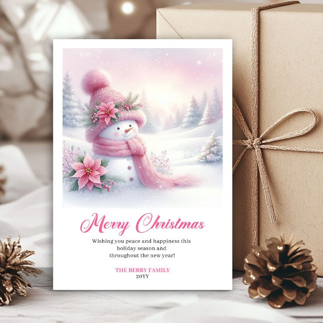 Cartão De Festividades Whimsical Pink Snowman Editable Festive Scene Card (Whimsical Pink Snowman Editable Festive Scene Greeting Card)
