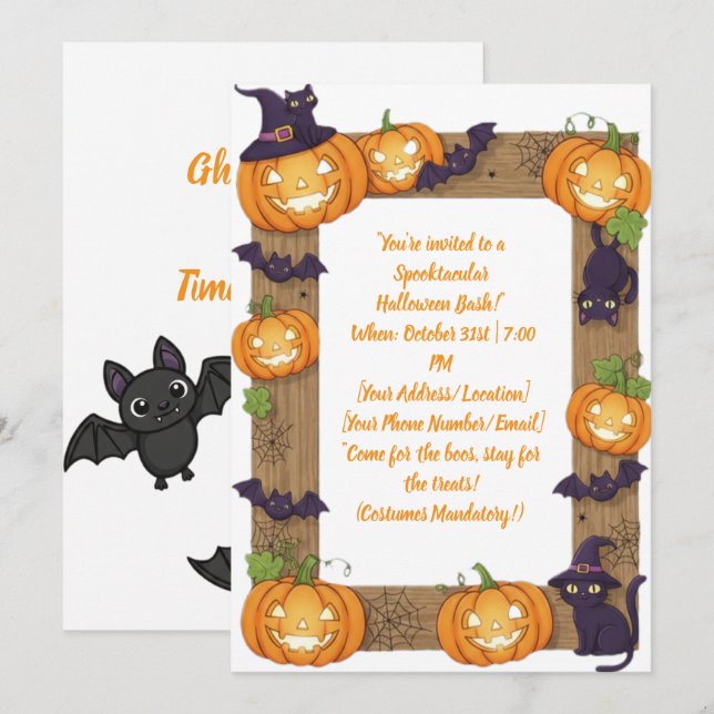 Cartão De Festividades Whimsical Pumpkin and Black Cat Halloween Invite (Frente/Verso)