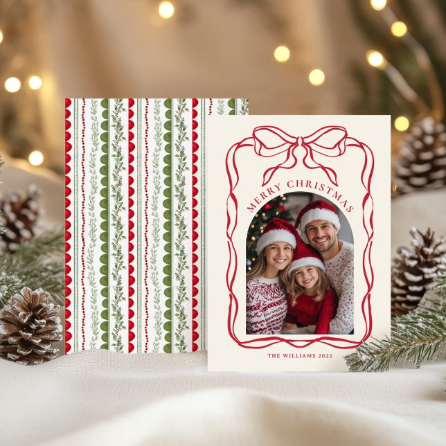 Cartão De Festividades Whimsical Red Bow Frame Family Photo Christmas (Criador carregado)