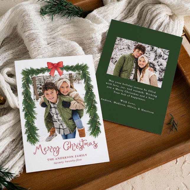 Cartão De Festividades Whimsical Red Bow Garland Christmas 2 Photo (Criador carregado)