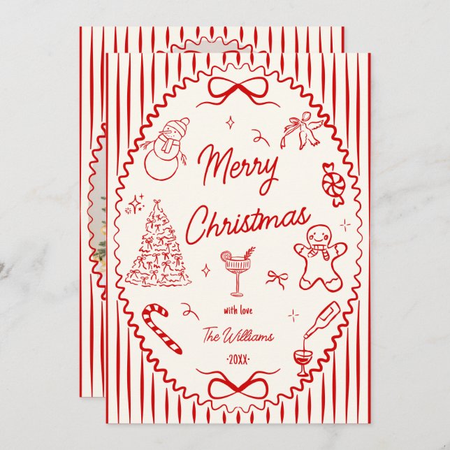 Cartão De Festividades Whimsical Red Hand Drawn Doodles Christmas Photo  (Frente/Verso)