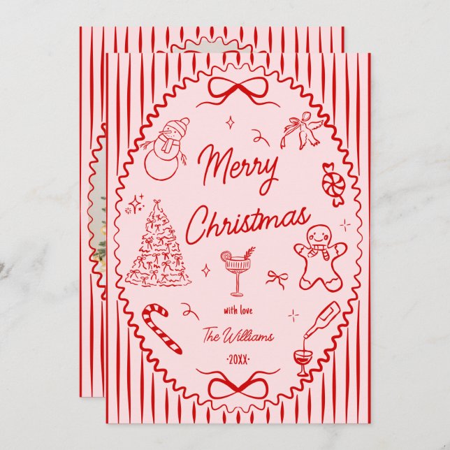 Cartão De Festividades Whimsical Red Pink Hand Drawn Christmas Photo  (Frente/Verso)