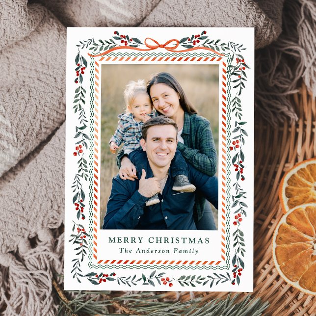 Cartão De Festividades Whimsical Red Ribbon and Greenery 2 Foto (Criador carregado)