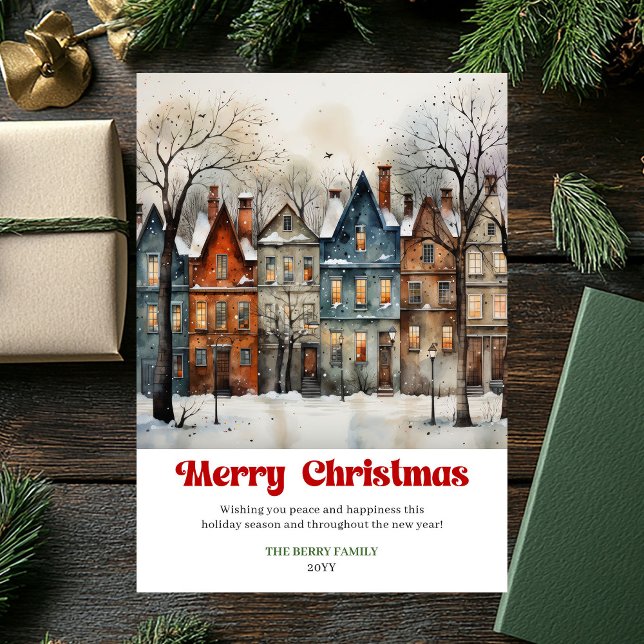 Cartão De Festividades Whimsical rustic Christmas scene bright city art  (Whimsical rustic Christmas scene bright city artwork)