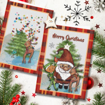 Whimsical Santa, Deer & Elf Boy Plaid Christmas