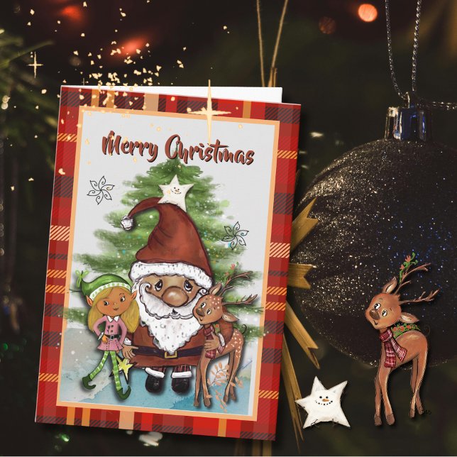 Cartão De Festividades Whimsical Santa, Deer & Elf Plaid Christmas Card  (Whimsical Santa, Deer & Elf Plaid Christmas Card )