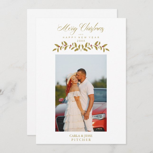 Cartão De Festividades Whimsical Script Quote Photo Christmas Family Gold (Frente/Verso)