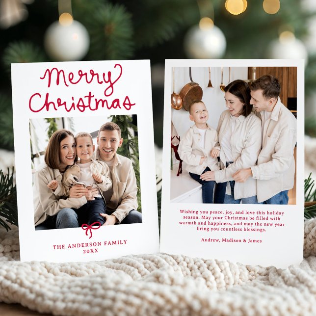 Cartão De Festividades Whimsical Script Red Bow Christmas 2 Photo (Criador carregado)