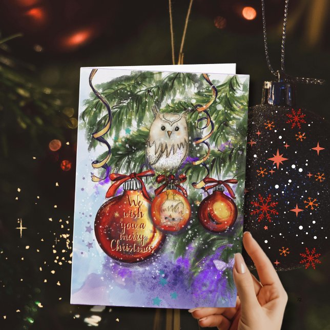 Cartão De Festividades Whimsical Snowy Owl Christmas Ornament  (Whimsical Snowy Owl Christmas Ornament Holiday Card)