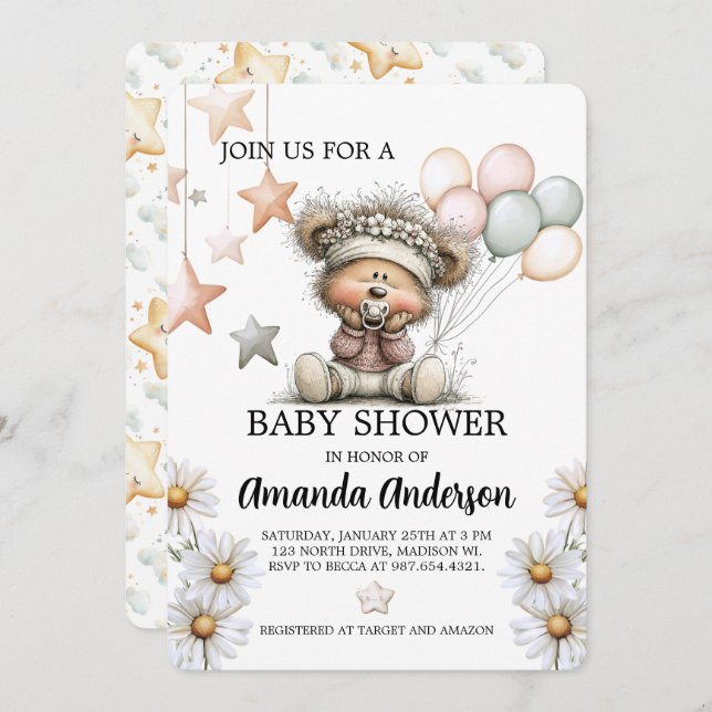 Cartão De Festividades Whimsical Teddy Bear Baby Shower Invitation (Frente/Verso)