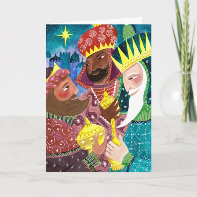 Cartão De Festividades Whimsical Three Wise Men Kings with star and gifts (Frente)