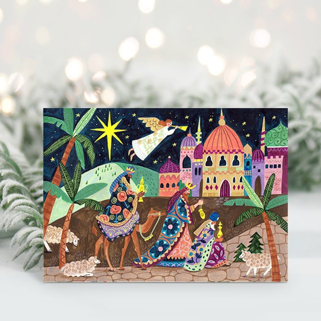 Cartão De Festividades Whimsical Three Wise Men Kings with star and gifts (Whimsical Three Wise Men Kings with star and gifts Holiday Card)