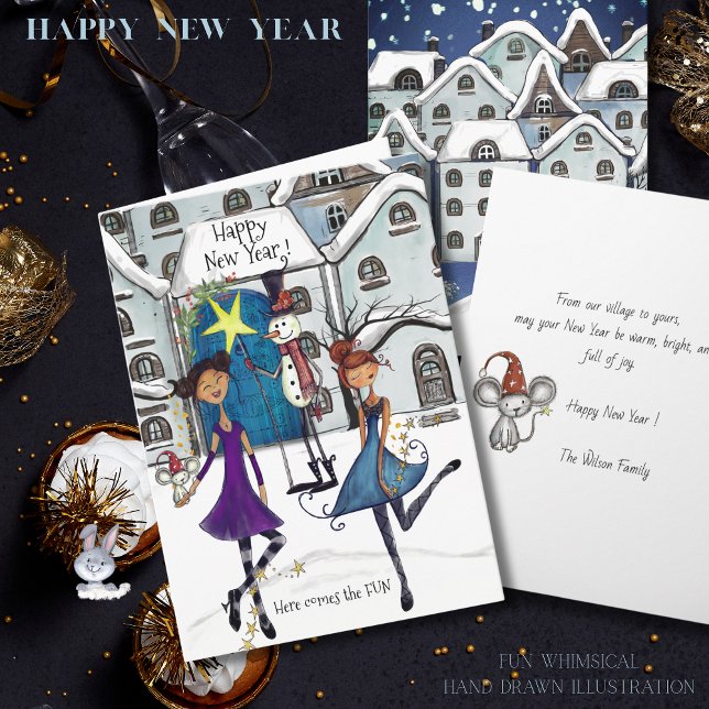 Cartão De Festividades Whimsical Winter Village Happy New Year Greeting  (Whimsical Winter Village Happy New Year Greeting Holiday Card)