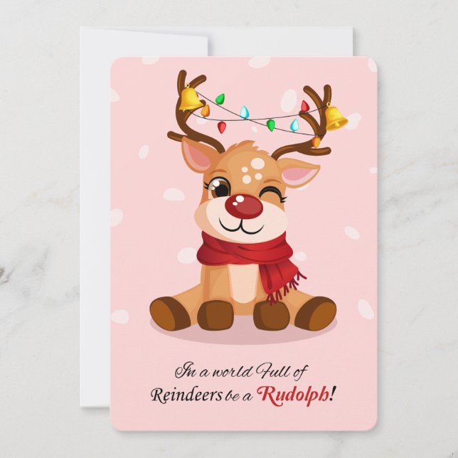 Cartão De Festividades Whimsso é Rudolph Reindeer Cita Luzes Xmas (Frente)