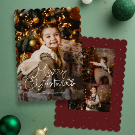 Cartão De Festividades Whimsy script Merry Christmas three photo red