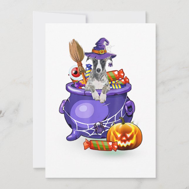 Cartão De Festividades Whippet Dog with witch hat Candy Pumpkin Halloween (Frente)