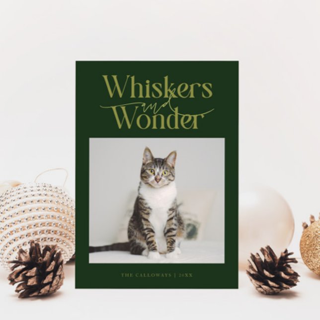 Cartão De Festividades Whiskers & Wonder Cat Foto de Natal Verde (Criador carregado)
