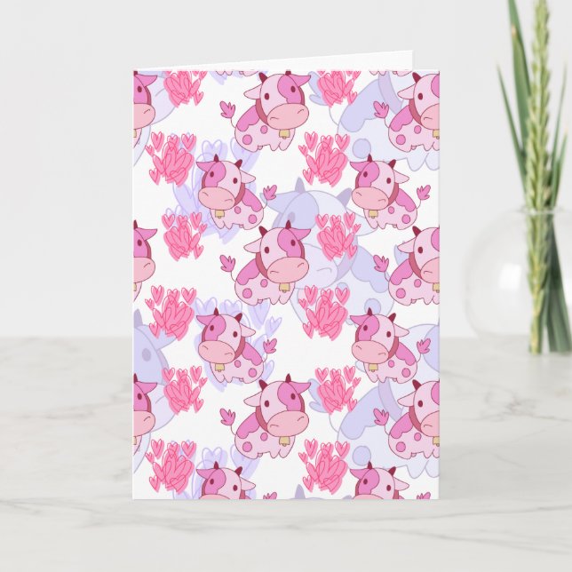 Cartão De Festividades White and Pink Love Cow Pattern (Frente)