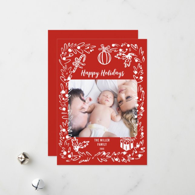 Cartão De Festividades White and red Christmas Photo Card whimsical (Frente/Verso In Situ)