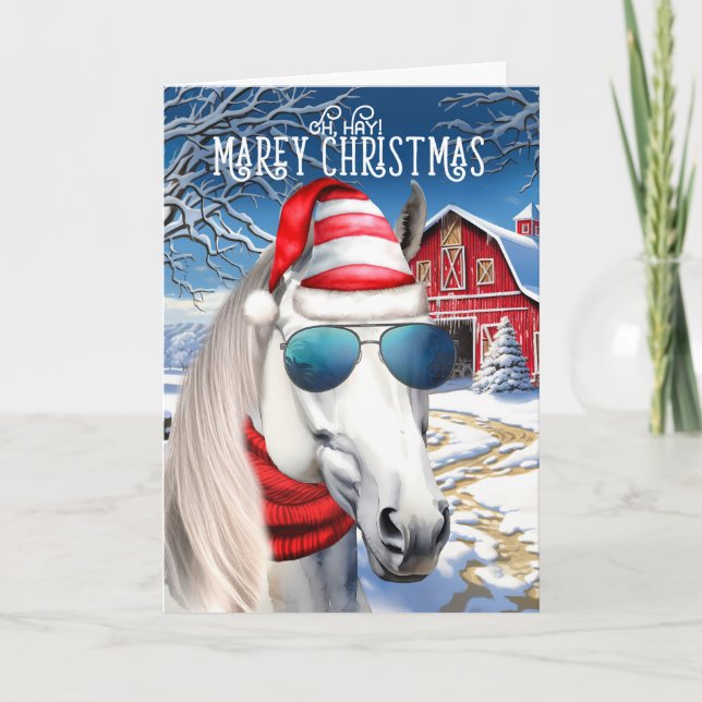 Cartão De Festividades White Arabian Horse Engraçado MAREy Natal (Frente)