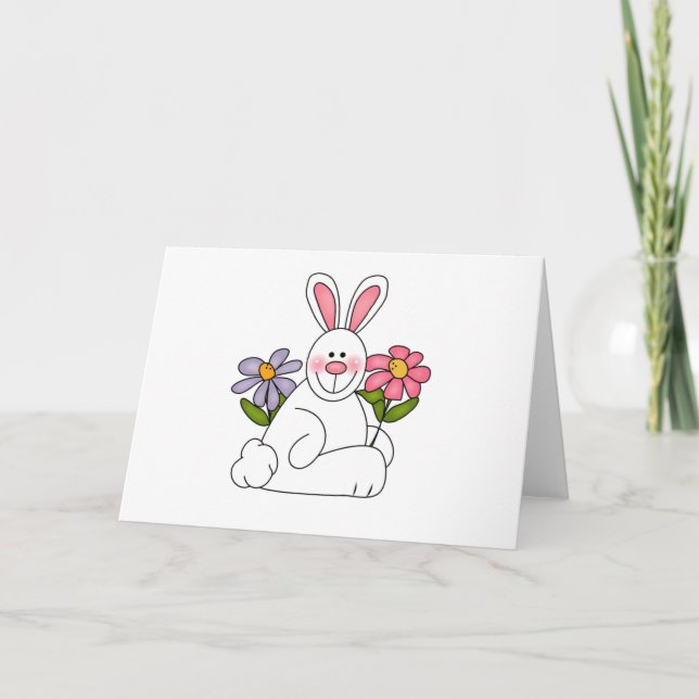 Cartão De Festividades White Bunny with Flowers Cards (Frente)