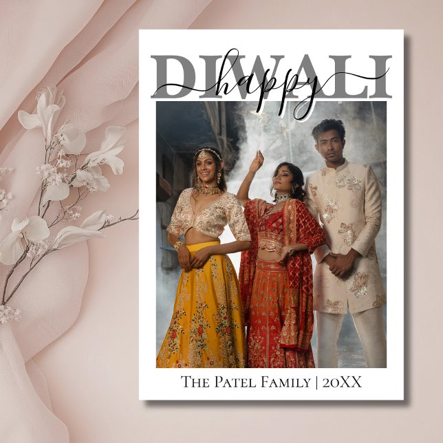 Cartão De Festividades White Calligraphy Photo Happy Diwali Greeting (Criador carregado)
