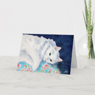 Cartão De Festividades White cat on floral quilt card
