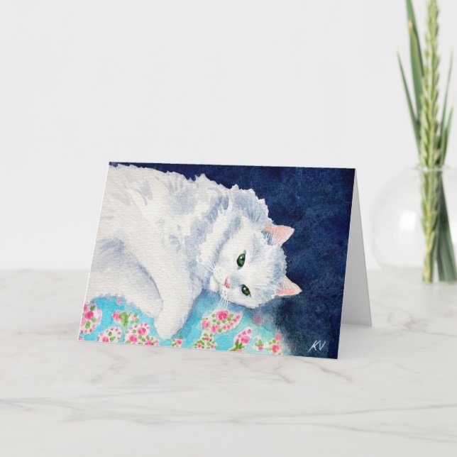 Cartão De Festividades White cat on floral quilt card (Frente)