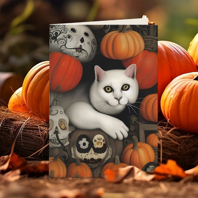 Cartão De Festividades White Cat Pumpkins Calavera Dia Artístico (Ghost kitty white cat Halloween greeting card with pumpkins and calavera)