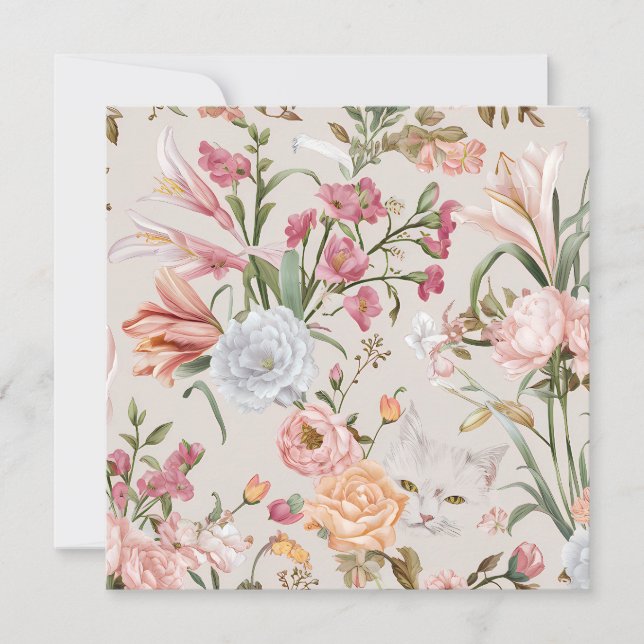 Cartão De Festividades White Cats Pink Roses Floral Flat Thank You Card (Frente)