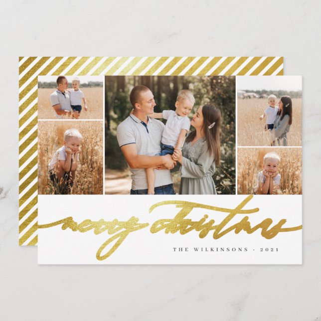 Cartão De Festividades White Dourado Script 5 Fotografia Colagem Feliz Na (Frente/Verso)