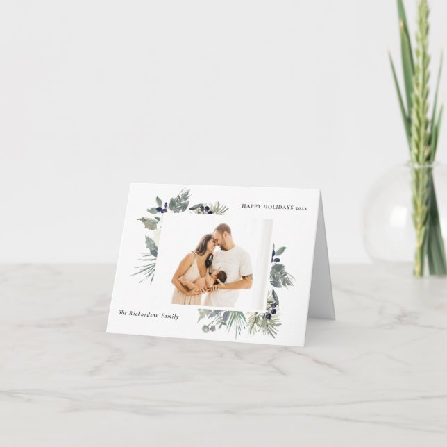 Cartão De Festividades White Dusky Green Foliage Photo Happy (Frente)