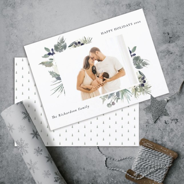 Cartão De Festividades White Dusky Green Foliage Photo Happy (Criador carregado)