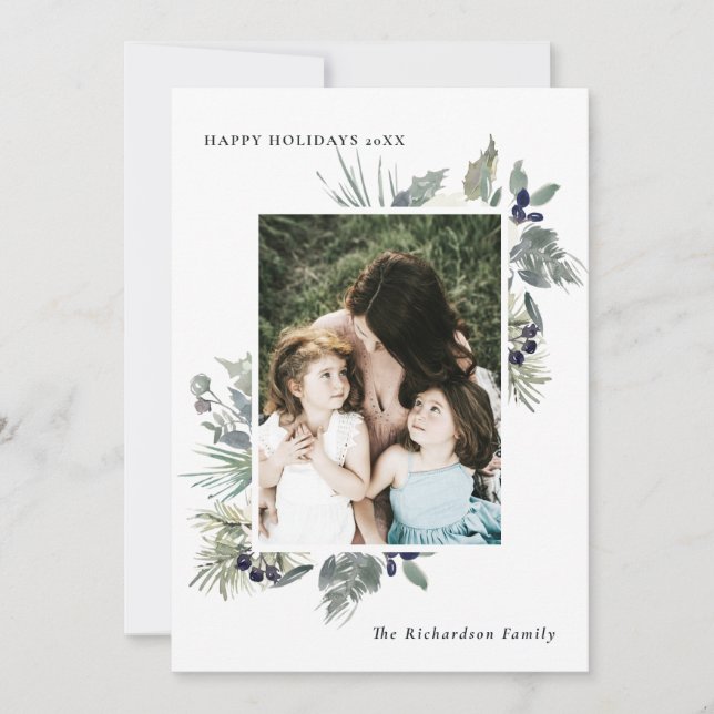 Cartão De Festividades White Dusky Green Foliage Photo Happy (Frente)