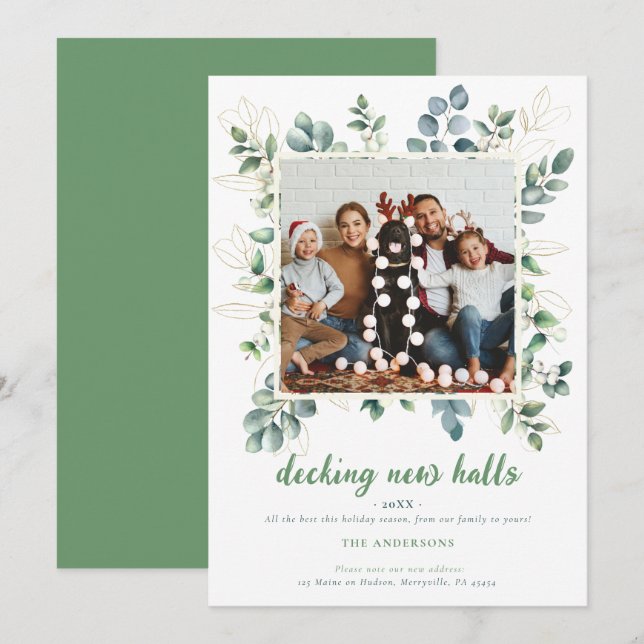 Cartão De Festividades White Green Winter Berries Foto do novo endereço (Frente/Verso)