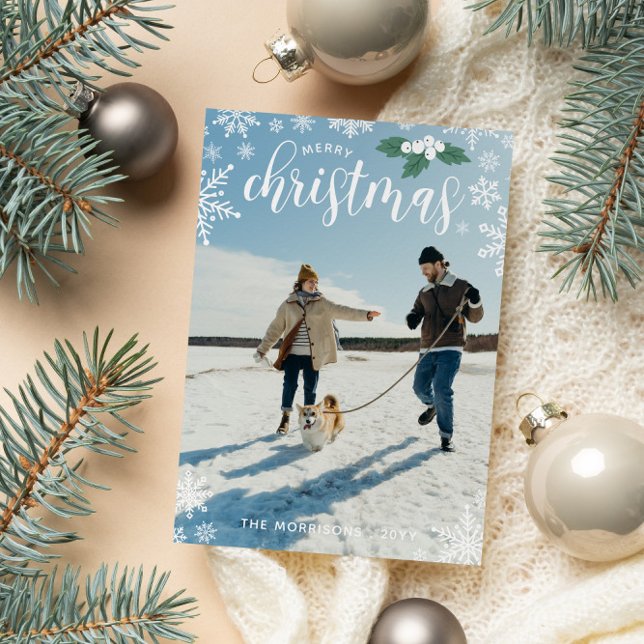 Cartão De Festividades White Holly Snowflakes Foto de Natal Feliz (Criador carregado)