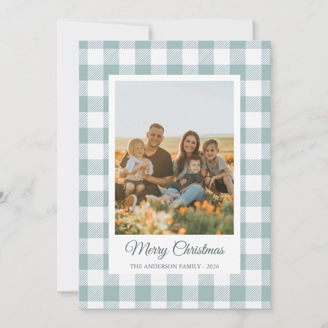 Cartão De Festividades White light blue buffalo plaid photo Holiday Card (Frente)