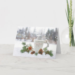 Cartão De Festividades White Mug and Green Pine Snow Christmas Card