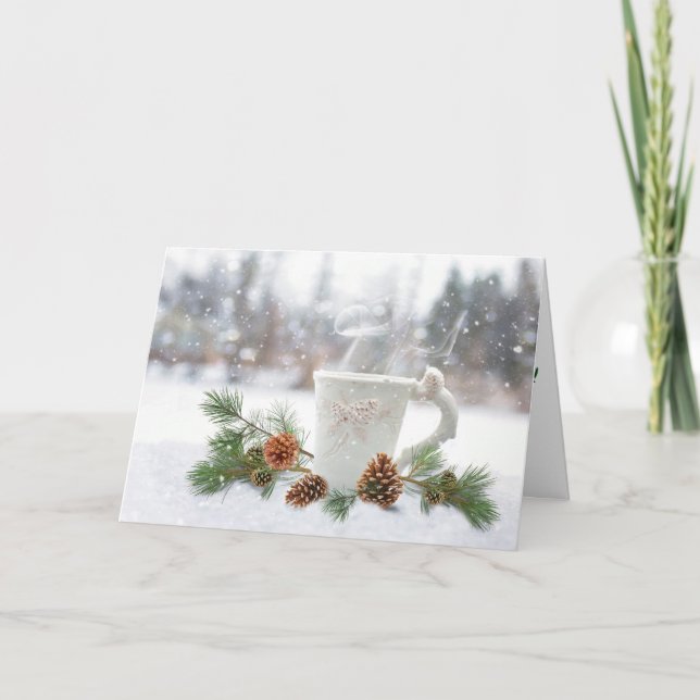 Cartão De Festividades White Mug and Green Pine Snow Christmas Card (Frente)