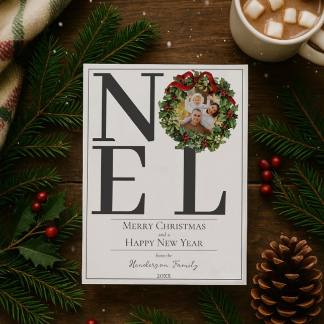 Cartão De Festividades White Noel Christmas Wreath Photo (White Noel Christmas Wreath Photo Holiday Card)